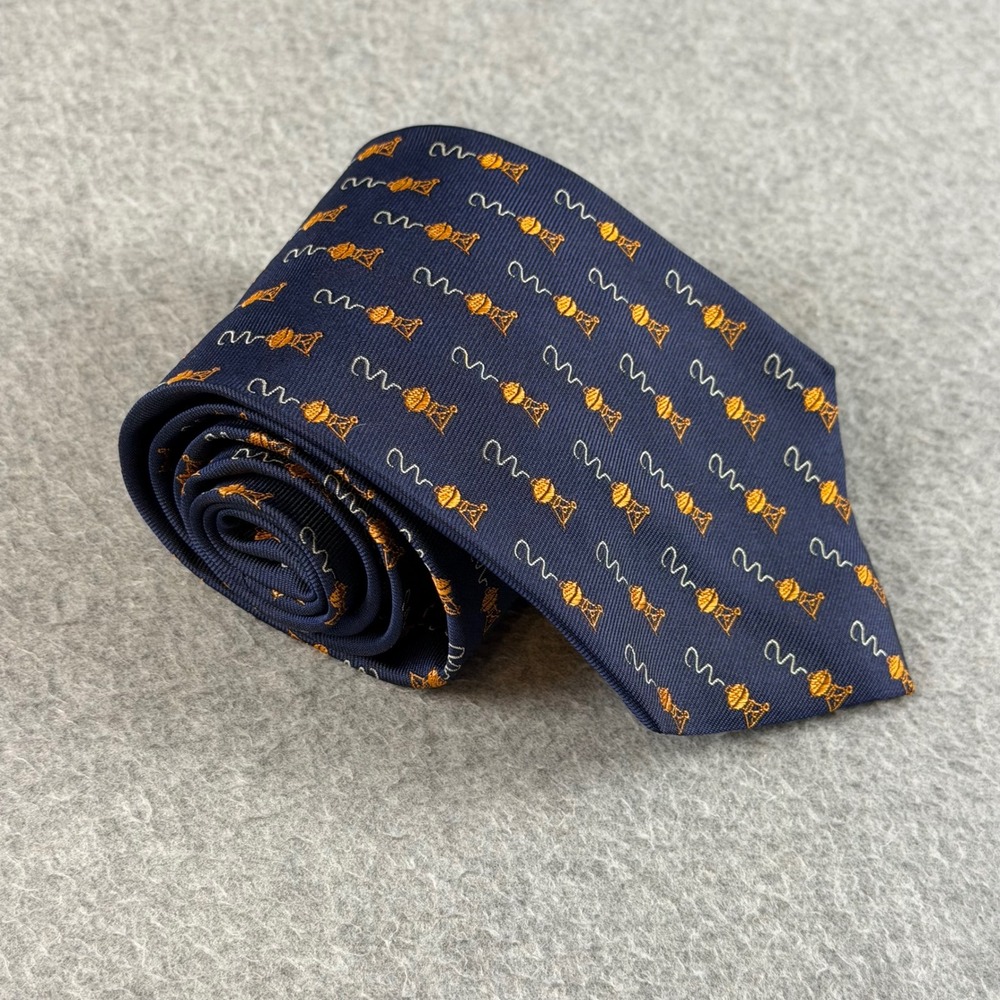 VTG Lee Allison Mens Silk Tie Navy Blue Orange BBQ Grill Charcoal Smoker 57x3.6"